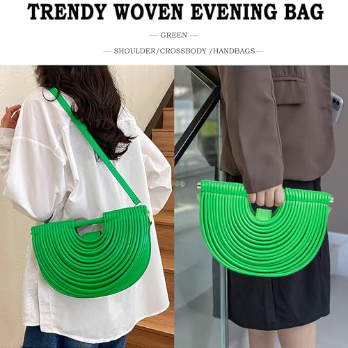 Image of Trendy Woven Evening Clutch Purse Half Round Designer Shoulder /Crossbody Bag Top-Handle Satchel Handbags