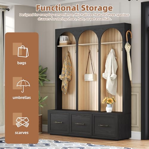 Image of Ball & Cast Farmhouse Hall Tree with Bench, 59 inch Entryway Storage Bench with Arched Design, 8 Metal Hooks, 3 Drawers Shoe Organizer, Wooden Style Coat Rack for Living Room, Black