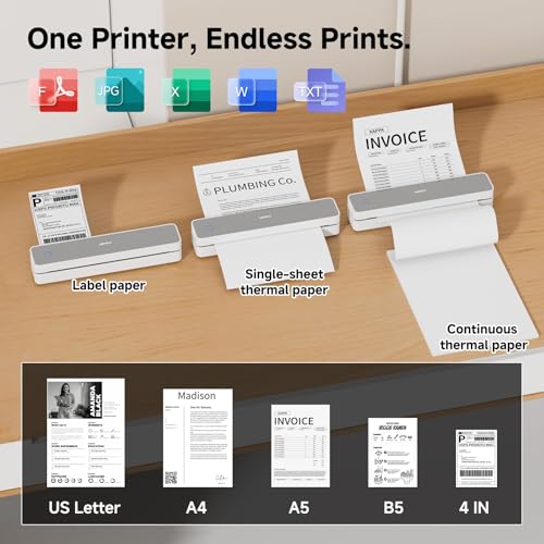 Image of HPRT MT610 Portable Printer Wireless for Travel, Inkless Thermal Printer for iOS /Andorid /Laptop, Support Thermal Paper & Labels,Supports 8.5 inchx 11 inchUS Letter & A4, A5 for Office /School /Vehicles Grey
