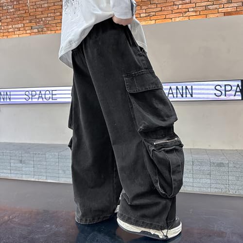 Loose Cargo Denim Jeans for Big Boys Elastic Waist Flap Pocket Pull On Baggy Wide Leg Jeans Kids Boys 5-14 Years2