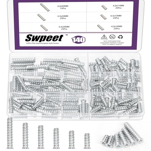 Swpeet 140 Piezas Kit de 6 Tamaños de Tornillos Europeos Plateados con Cabeza Avellanada Plana, Tornillos Europeos de Muebles Phillips con Cabeza Avellanada, para Rieles de Cajones