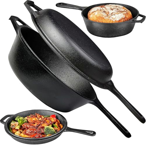 Winsoyya 2-in-1 Cast Iron Dutch Oven Pot with Skillet Lid Set Dual use Deep Pot + Frying Pan Kitchen Cookware for Cooking Bread Baking Grill Frying and Camping 26Cm/10in Black