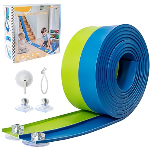 Flex Track 4.5m Starter Set, Flexible Race Car Ramp Track for Ages 3 & Up with Suction Cups Compatible with Diecast 1/64th Cars (Green & Blue)