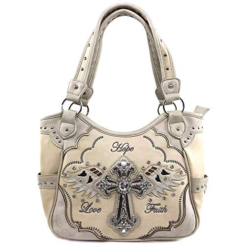 Justin West Western Floral Wing Embroidery Laser Cut Rhinestone Silver Cross Studded Shoulder Tote Handbag Purse Wallet