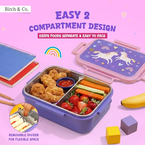 Image of Tiffin Box for School - Lunch Box for Kids Boys - Snacks Boxes for Girls - 900 ml Stainless Steel Tiffin Box, Leak-Proof 4-Side Locks, BPA-Free Food-Grade Material with Removable Divider, Unicorn