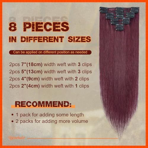 Image of Benehair Clip in Hair Extensions Real Human Hair, Long Straight Hair Extensions Clip in Human Hair for Women, 100% Remy Natural, Full Head 8pcs 20inch #99J Wine Red