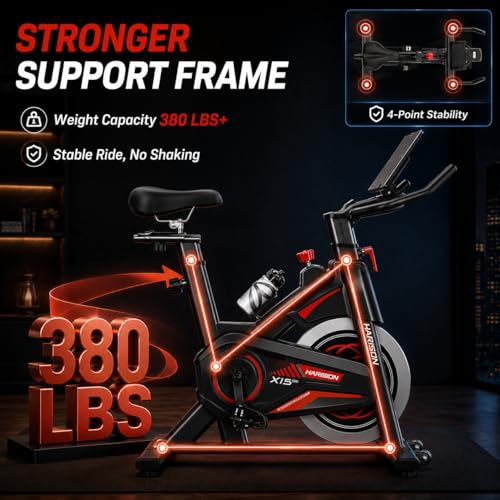 Image of HARISON Exercise Bike, Magnetic Stationary Bike for Home Gym, Adjustable Resistance Quiet Dual-Belt Indoor Cycling Bike with 380lb Capacity, APP Connectivity, Push-to-Stop, 6-Level Handlebar