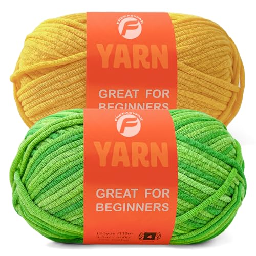 Image of 2 x 3.5Oz /120yds Beginner Easy Yarn for Crocheting and Knitting;Worsted-Weight Medium #4;Cotton Blend Yarn for Beginners Amigurumi DIY (Lawn Green+Yellow)