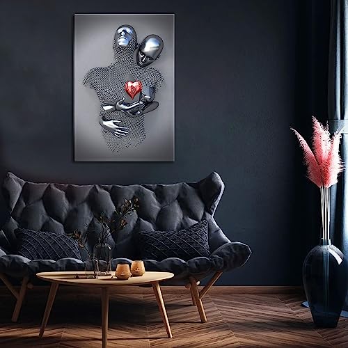 Bedroom Wall Decor,Framed Romantic Couple Living Room Canvas Wall Art,Love Heart 3D Metal Sculpture Effect,Black And White Modern Abstract Hug Lovers Painting Picture Poster Prints For Bathroom Hotel #TOP1