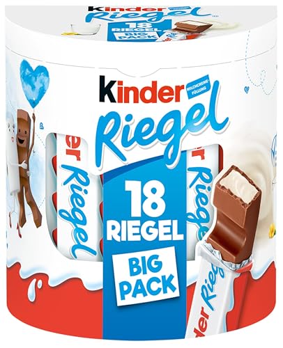 Kinder Riegel - 18 Einzelriegel, einzeln verpackte Schokoriegel, zartschmelzende Vollmilchschokolade mit Milchcremefüllung, ohne Farb- und Konservierungsstoffe – 378g