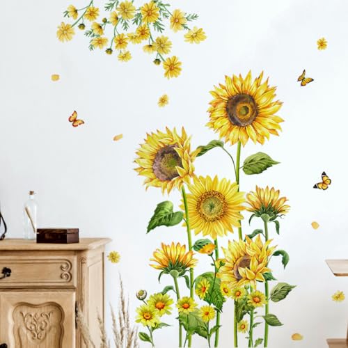 Image of Runtoo Sunflower Wall Stickers Garden Floral Wall Decals Living Room Bedroom Kitchen Nursery Wall Decor