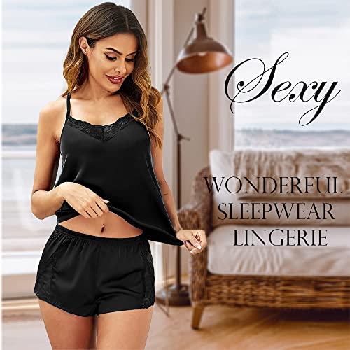 Image of BROIDEN Womens Sexy Lingerie Silk Pajamas Cami Shorts Set Lace Nightwear Sleepwear Babydoll
