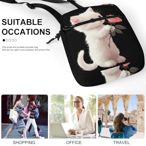 Cute Kitten Cat Holding A Rose Women's Cute Small Mini Crossbody Bag Top Zip Sling Square Shoulder Bags4