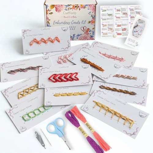 Image of 12 Perforated Beginner Embroidery Stitch Cards DIY Kit, Easy to Learn Patterns from Videos and Illustrated Step by Step Instructions, Needlepoint Kits for Adults Include Tools, Threads, Handmade Gifts