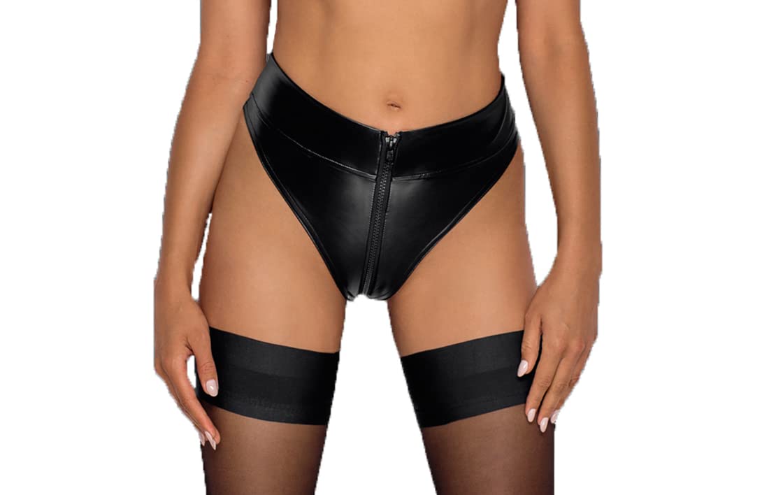 Noir Handmade Damen Dessous Wetlook Slip in schwarz mit 2-Wege-Reißverschluss zum öffnen Hogh Waist Pants