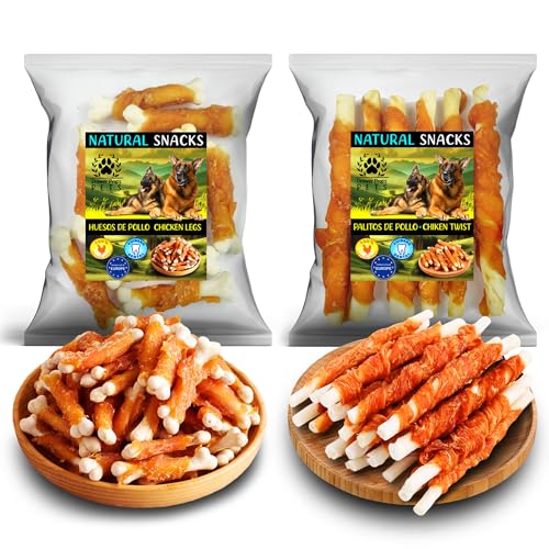 Snack Naturali per Cani – Confezione 2 Buste 200 g (Ossicini e Bastoncini di Pollo) | Premi Sani, Ricchi di Proteine, Igiene Dentale