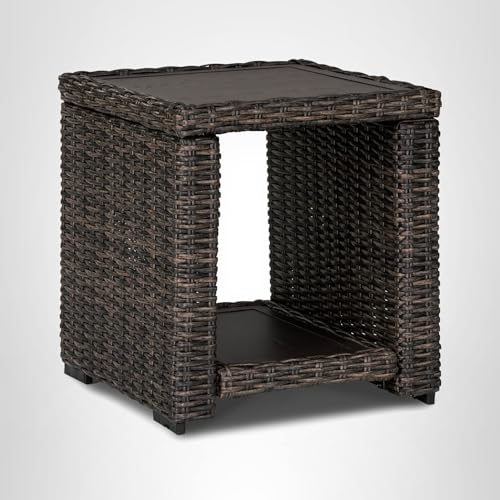 Signature Design by Ashley Grasson Lane Outdoor Rattan Square End Table with Storage, All-Weather Resin Wicker Handwoven Over Durable Aluminum Frame, Aluminum Tabletop and Shelf, 22.25" High, Brown