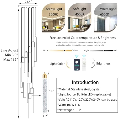 Image of 156in Long Light 20-Lights Chandeliers for Entryway LED Dimmable Chandeliers Lighting Fixture Modern Flat Sloped High Ceiling Pendant Lights Crystal Drop Light for Living Room Foyer Hallway Staircase