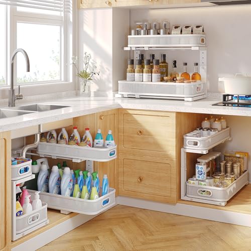 Image of 2 Pack 19.3IN-Depth Under Sink Organizer with Smooth Cylindrical Rail,2-Tier Pull Out Multi-Purpose Cabinet Storage for Bathroom&Kitchen,Height Adjustable,Rust-Resistant Coating-White