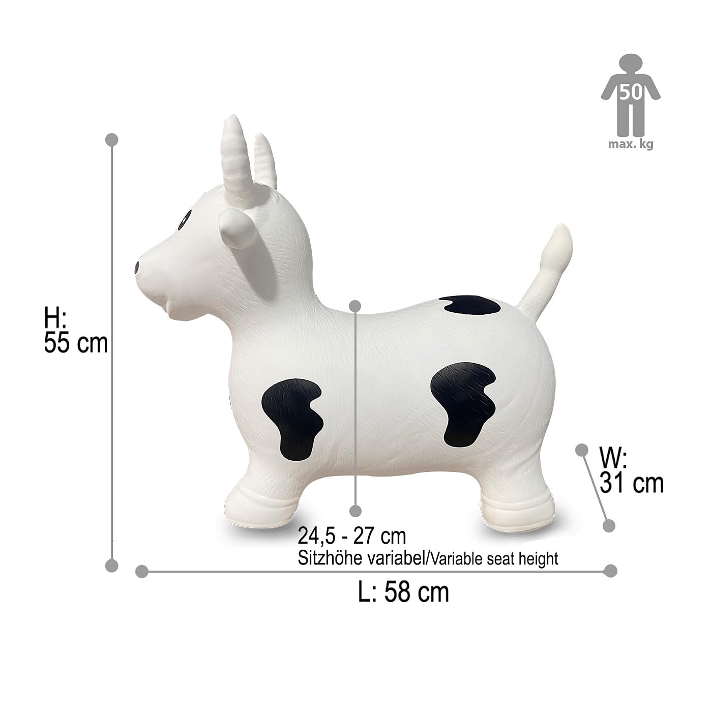 Jamara 460318 - Animale salterino Toro bianco/nero con pompa – Sviluppa l'equilibrio e capacità motorie, Orecchie come sostegno, Robusto e resistente fino a 50 Kg