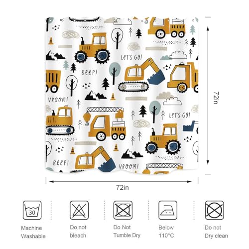 Image of Construction Truck Shower Curtain Cartoon Excavator Vehicle Tractor Cars for Boys Kids Machinery Navy Blue Yellow Bathroom Decor Waterproof Fabric 72Lx72W Inch with Hooks
