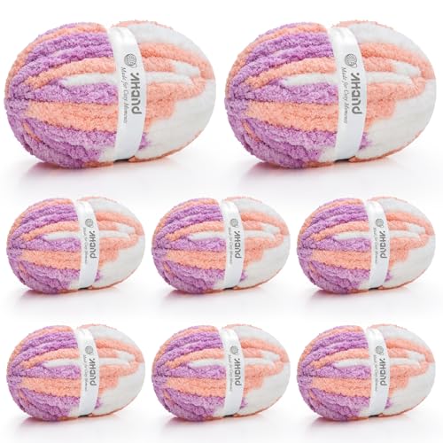 Image of Inhand Chunky Chenille Yarn for Hand Knitting, Thick Bulky Blanket Yarn for Crocheting, Soft Fluffy Yarn for Crochet Gifts & Crafts for Women /Beginners, 8 Pack (29.5 yds /8.4 oz Each), Pink & Purple