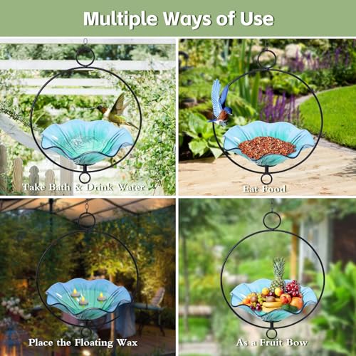 MUMTOP Hanging Bird Bath-Bird Baths for Outdoors - Flower Glass Bird Water Bowl with Hanging Circle, Bird Feeders for Outside, Garden, Lawn Yard Decor(Cyan)