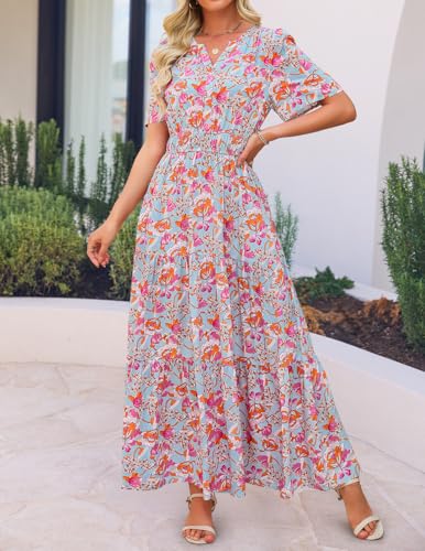 Image of ZESICA Women's 2026 Summer Spring Floral Boho Maxi Dresses Casual Short Sleeve V Neck A Line Flowy Beach Vacation Dress