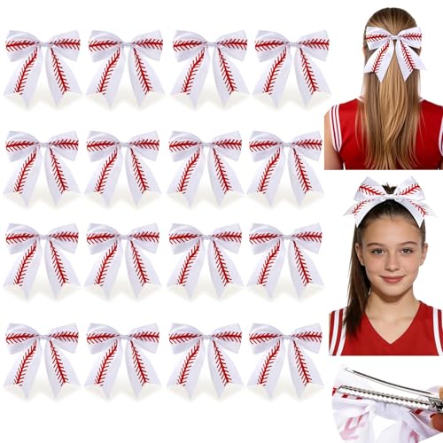 NFAMRZCAR 16 Pcs 8 Large Baseball Hair Clips with Alligator Clips Cheer Hair Accessories for Girls Teen College Cheerleading Sports End of Season Team Gift Baseball Banquet Gift-White+Red Stitching