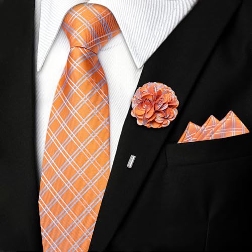 Image of DiBanGu Mens Zipper Tie Silk Pre-Tied Necktie with Gift Box | Jacquard Woven,Paisley Solid Plaid Pattern,6PCS with Pocket Square,Cufflinks and Lapel Pin,for Wedding Party Formal Business