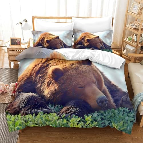 Housse de couette ours endormi hypoallergique et résistante en microfibre effet 3D faune - 3