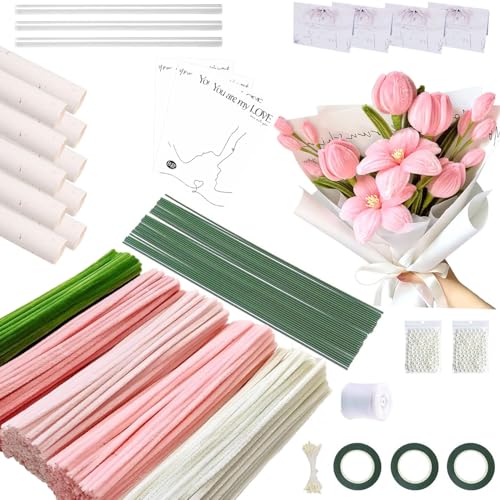 Liwailiwai 500 Piezas Pipe Cleaners For Flower Set Tarjeta De Felicitación Y Papeles De Regalo De Cortesía Etc,Rosa 5 Colores Flores De Limpiapipas Para Manualidades Y Decoración Para Niños Y Adultos