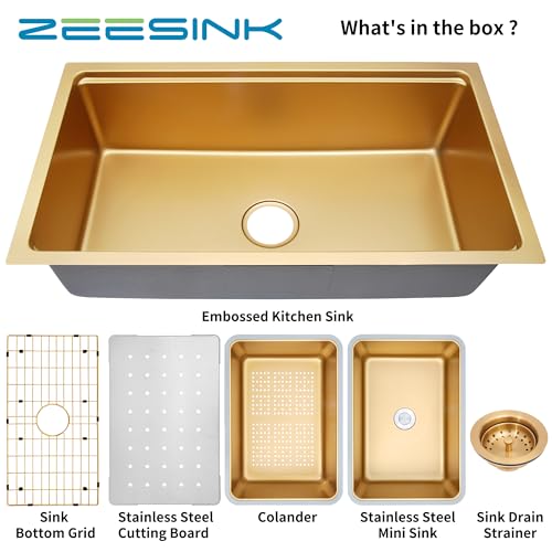 Image of 32 inch Gold Undermount Kitchen Sink,Single Bowl Modern Kitchen Sink,Stainless Steel Workstation Sinks (Gold, 32 X 18 inch)