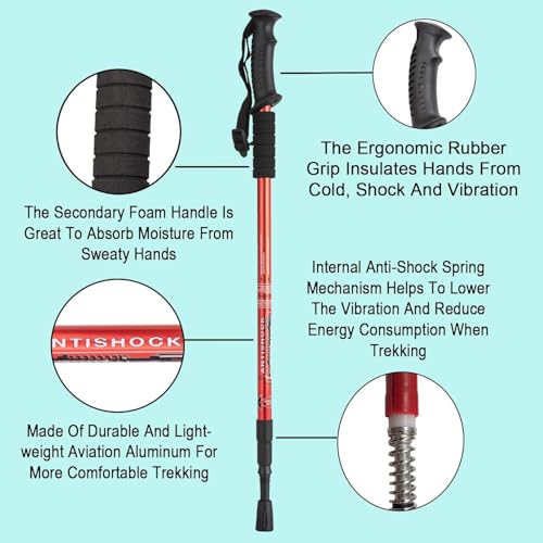Image of Trekking Poles (2 Pack), Collapsible & Adjustable Hiking Sticks for Men & Women, Lightweight Aluminum Walking Poles with Anti-Shock System & Accessories - for Trekking, Hiking, Walking (Red)