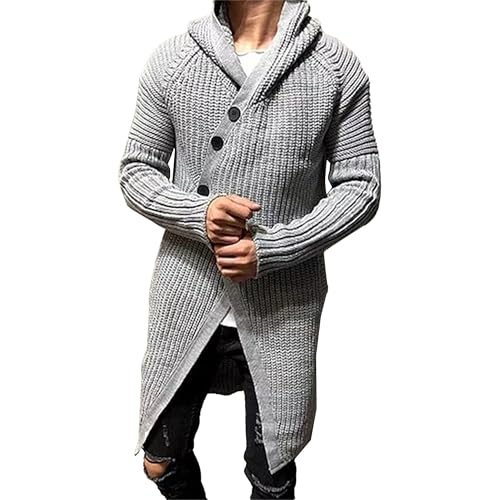 Men's Mid-Length Knitted Cardigan Ribbed Knit Sweater Pockets for Men Casual Cable Knit Hooded Cardigans