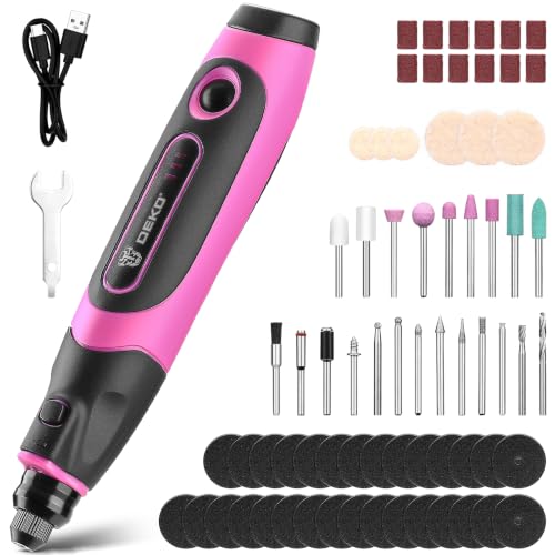 Kit de Herramientas Rotativas: DEKOPRO Mini lijadora Herramientas de Mano,3.7V Rosa Amoladora Eléctrica Taladradora Set con 70 Accesorios para Tallar, Cortar, Lijar, Esmerilar, Pulir, Grabar