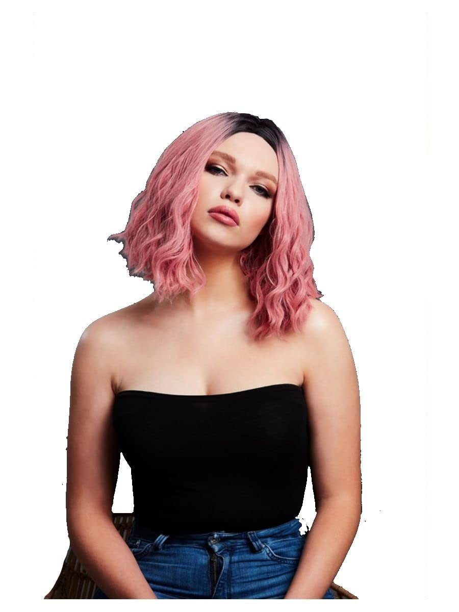 Smiffys Fever Cara Wig, Two Toned Blend, Ash Pink Wavy Long Bob, Centre Parting, 33cm / 13in, Fever Wigs Fancy Dress