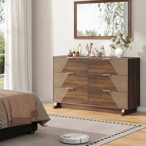 Image of Gyfimoie 47.24 inch Wide Dresser for Bedroom, Chest of Drawers with Fluted Design & Gold Metal Handle, 6 Drawer Dresser with Sturdy Base, Walnut Dresser for Bedroom, Living Room, Hallway