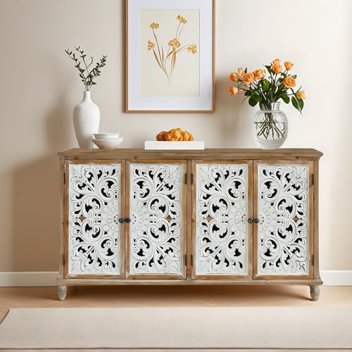 Image of Hand-Carved Wood Buffet Cabinets - Solid Wood Storage Cabinet,Entry Way Cabinet with Storage for Living Room & Kitchen,Dining Room Storage Cabinet with Doors and Shelves