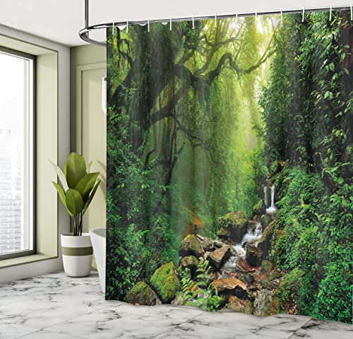 ABAKUHAUS Nature Shower Curtain, Woods Idyllic Forest Greenland Dreamy Mystic Fresh Tropical View - Image 4