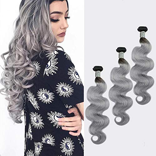 Ombre Human Hair Bundles Grey And Black Ombre Bundles Body Wave Virgin Human Hair Bundle T1B/Gray Double Weft Sew In Hair Weave 100G/Pcs Grade 9A Brazilian Grey Hair Bundles 18 20 22 Inch