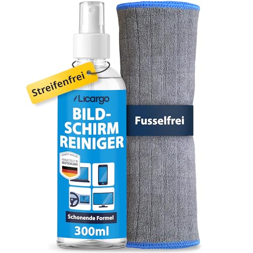 LICARGO Bildschirmreiniger Set 300ml - Streifenfrei & schonend - Display Reiniger mit Mikrofasertuch 380 GSM - Screen Cleaner für TV (LCD, LED, OLED, QLED, TFT) Monitor, Laptop, Tablet & Handy