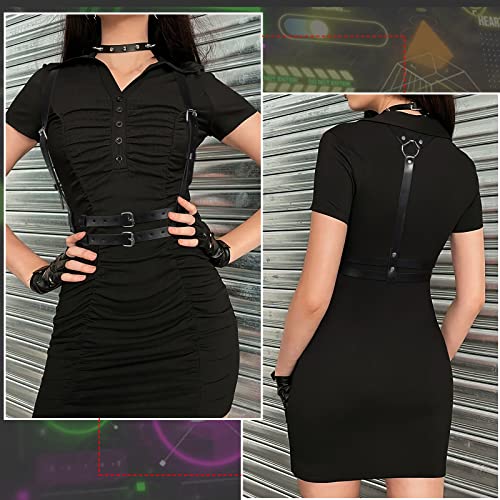 WERFORU Damen Punk Taillengürtel Verstellbare PU Leder Körperkette Gürtel für Frauen Mädchen Cosplay Rave Outfit Halloween Kostüm Schwarz