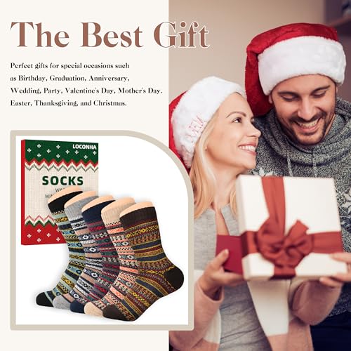 Image of LOCONHA Womens Wool Socks 5 Pairs Winter Warm Sock Thick Knit Cabin Cozy Crew Soft Socks Gifts for Women