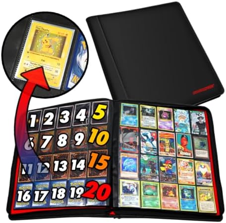 1280+ Cards 20 Pocket Card Binder Collector Card Album - Pages Compatible with Pokemon Cards, Sports Cards, Yugioh, MTG and Other TCG - Trading Card Sleeve with Side Loading Pockets (Black/Red)