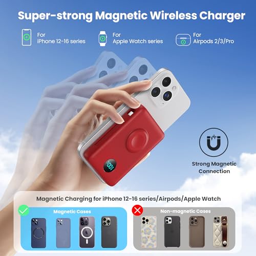 Image of 6 in 1 Magnetic Portable Charger for iPhone with Built-in Cables, 10800mAh 25W PD Fast Charging Power Bank, 6 Outputs Travel Essential Battery Pack for iPhone 17 /16 /15 /14 /13 /12,Apple Watch (Red)