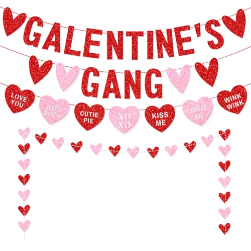 Galentines Gang Banner with Love Hearts,Happy Galentine’s Day Banner Garland Banner,Galentines Day Party Decorations,Happy Valentines Day Decorations,Girl Lady Galentines Day Party Decor GTG