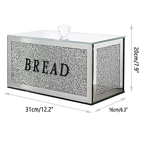 Hmrcyte Large Crystal Glass Bread Container Box With Lid, 12.2"L X 6.3"W X 7.9"H Crushed Diamond Homemade Bread Storage Holder, Keep Bread Fresh Clean, Bread Bin For Kitchen Countertop Decor (Silver) #TOP2