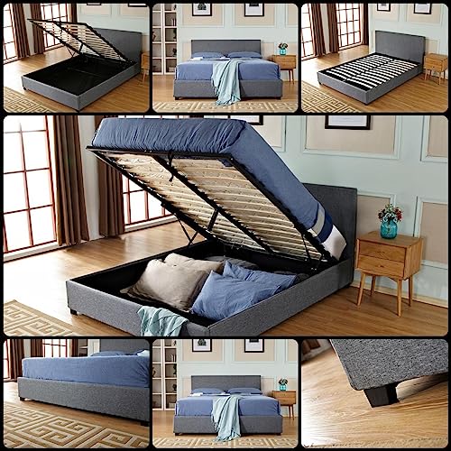 XEO HOME 5ft King Ottoman Bed Frame Upholstered With Gas Lift Mechanism Under Storage Grey Linen Fabric (King-5ft)-No-Mattress