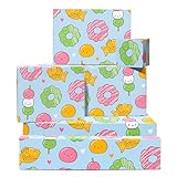 Mochi Geschenkpapier – 6 Bögen Geschenkpapier für Kinder oder Freunde – Geburtstag süße japanische Leckereien Thema – Donuts Hanami Dango Taiyaki Design – Pastellblau – kommt mit Etiketten von Central